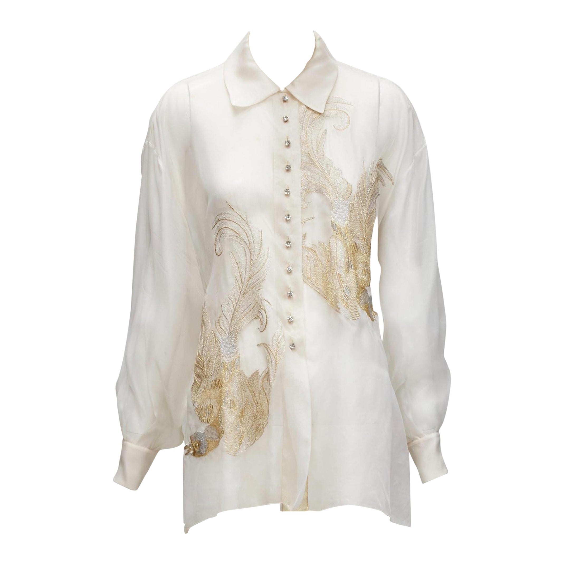 CHRISTIAN DIOR Gianfranco Ferre sheer gold phoenix embroidery silk shirt FR38 M For Sale