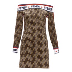 FENDI FILA 2018 Runway FF Zucca logo tape monogram off shoulder dress IT42 M