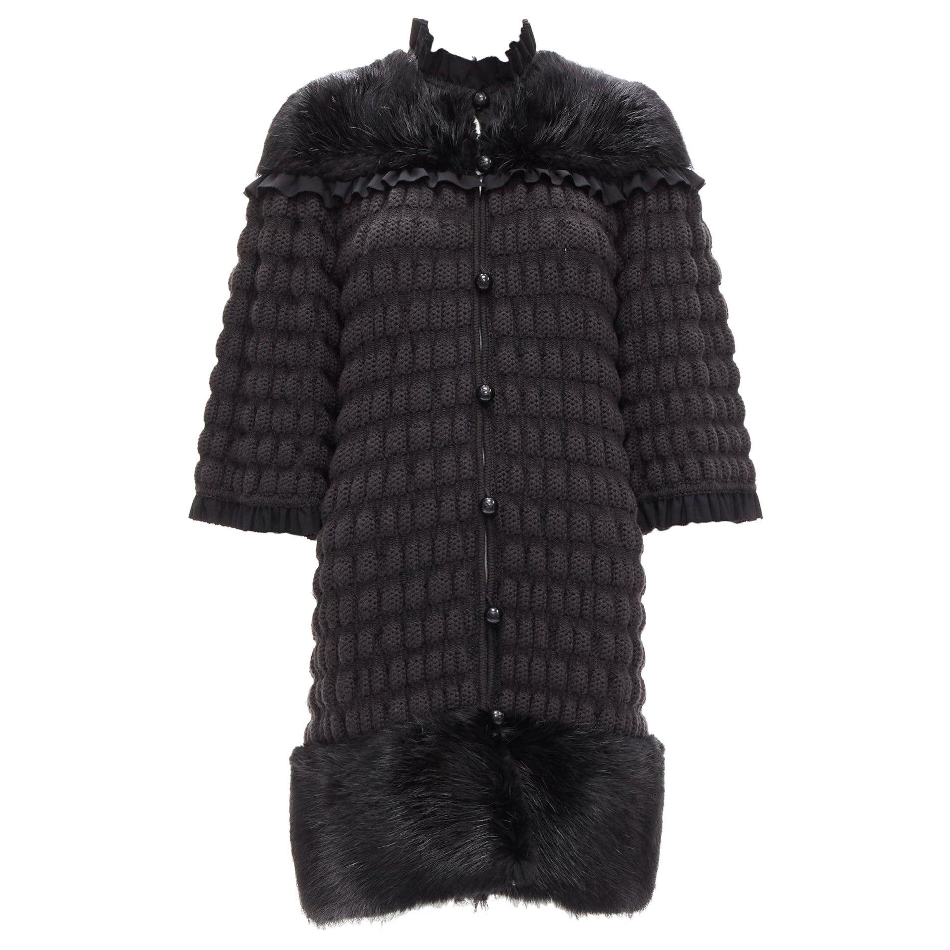 FENDI black fur panel virgin wool crochet chunky knit bell coat IT40 S For Sale