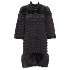 FENDI black fur panel virgin wool crochet chunky knit bell coat IT40 S