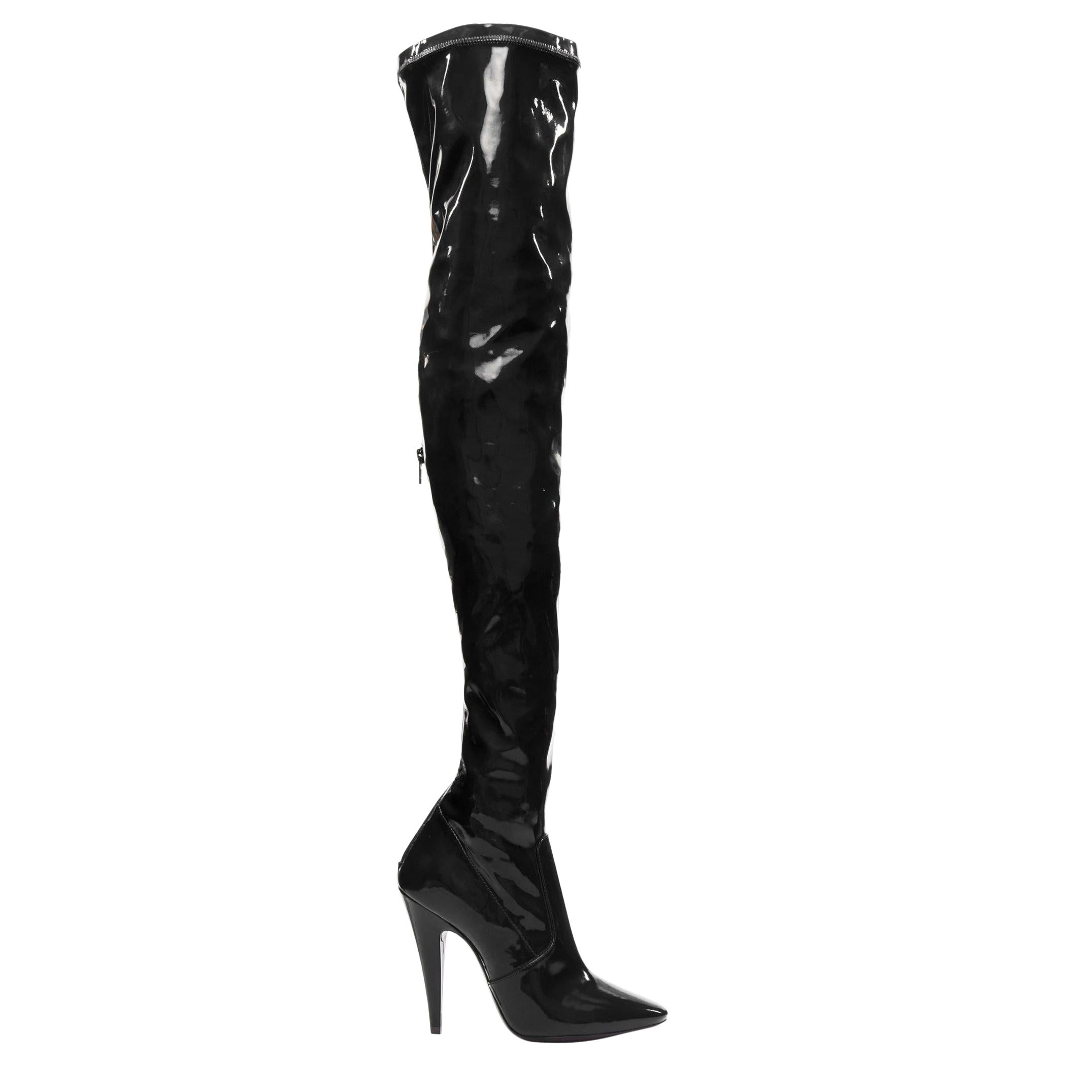 new SAINT LAURENT Aylah 110 Runway black vinyl thigh high boots EU37 For Sale