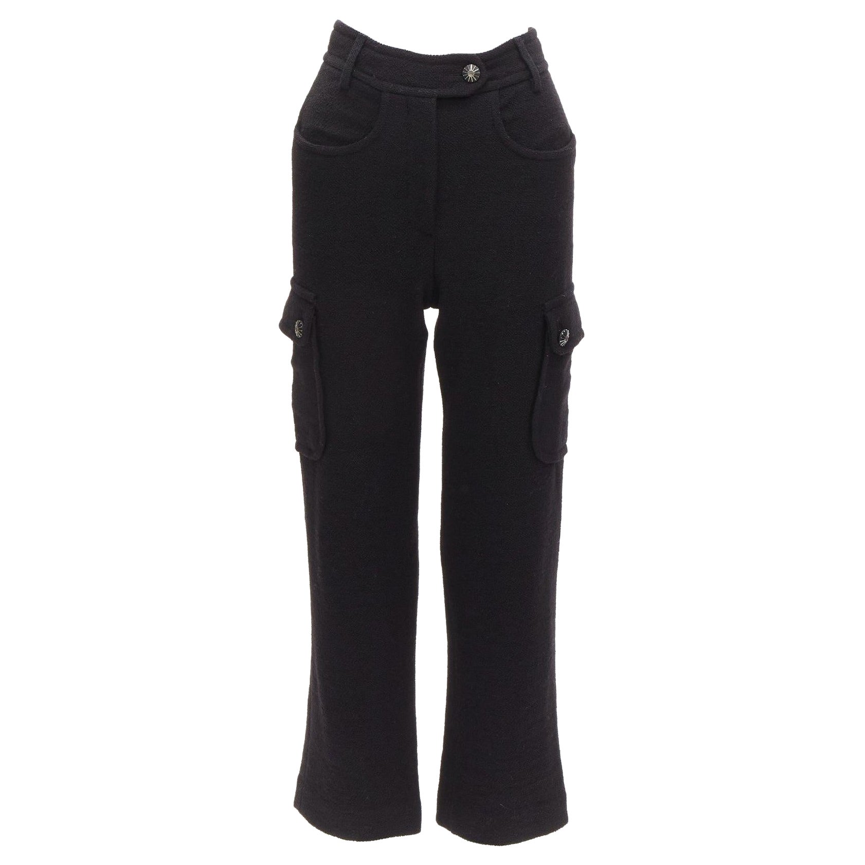 CHANEL black wool tweed silk lined cargo pocket pants FR34 XS For Sale