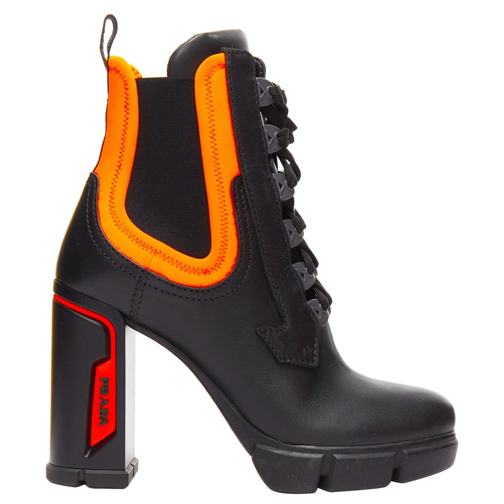 PRADA Runway neon orange neoprene black leather logo boots EU37 Nicki Minaj For Sale