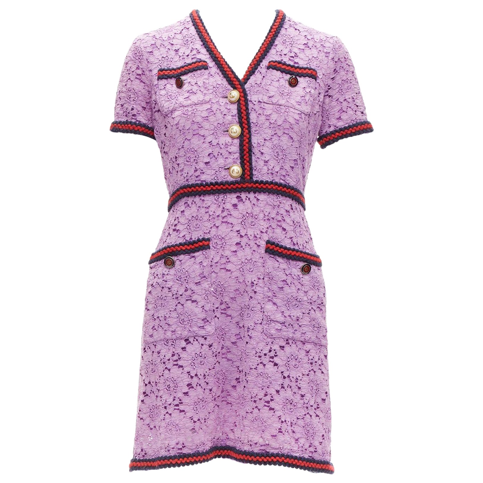 GUCCI Alessandro Michele 2017 purple lace 4 pocket preppy dress IT40 S For Sale