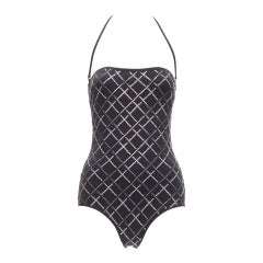 new CHANEL 20C black CC logo mosaic embellished halter swimsuit FR38 M