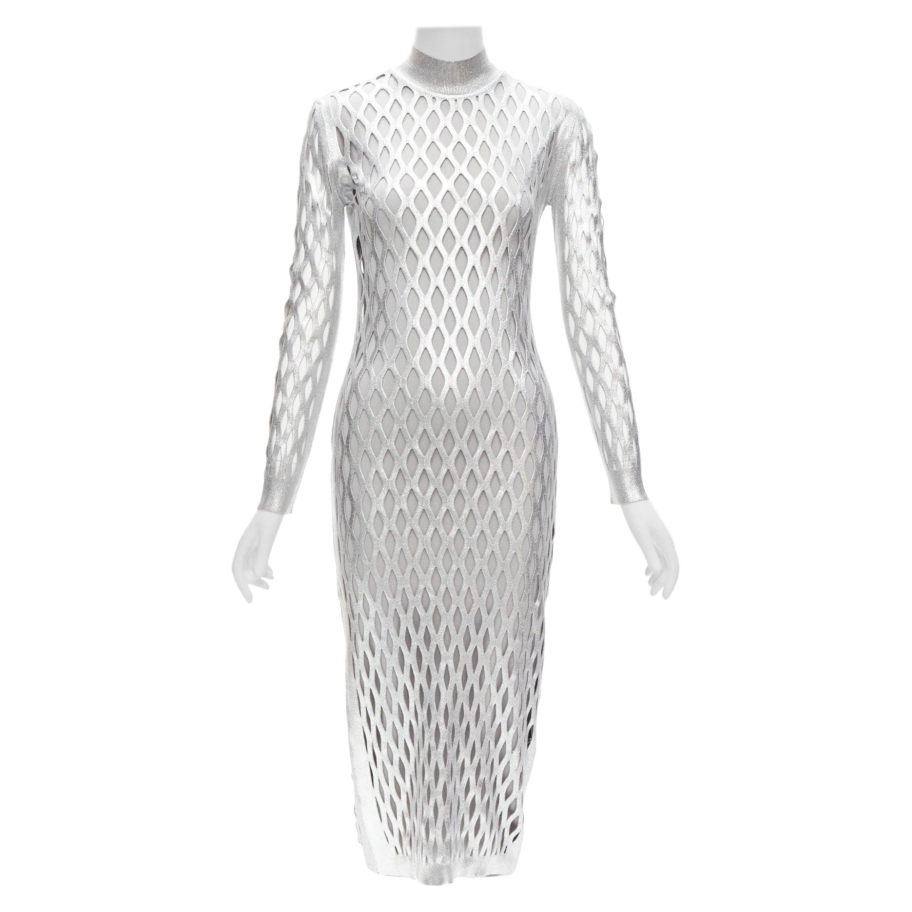 new FENDI Nicki Minaj 2019 Runway Abito silver net cut out lined dress IT42 M For Sale