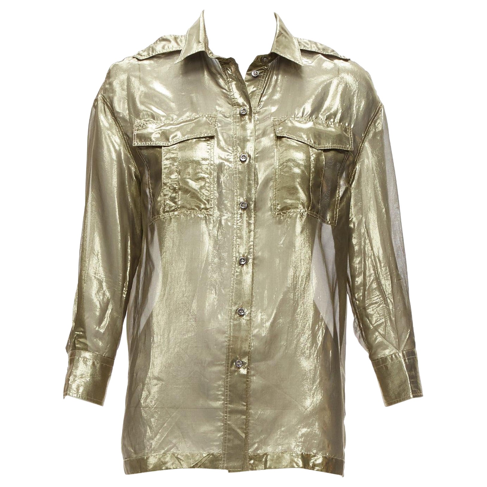 BRUNELLO CUCINELLI gold metallic lame silk blend 3/4 sleeve shirt S For Sale