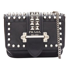 PRADA Cahier Saffiano City black calf silver studded crossbody chain belt bag