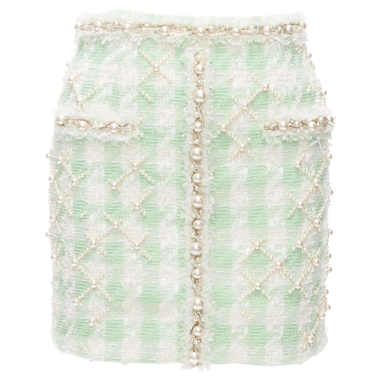 BALMAIN 2023 green white tweed pearl embellished preppy mini skirt FR34 XS