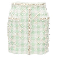 BALMAIN 2023 green white tweed pearl embellished preppy mini skirt FR34 XS