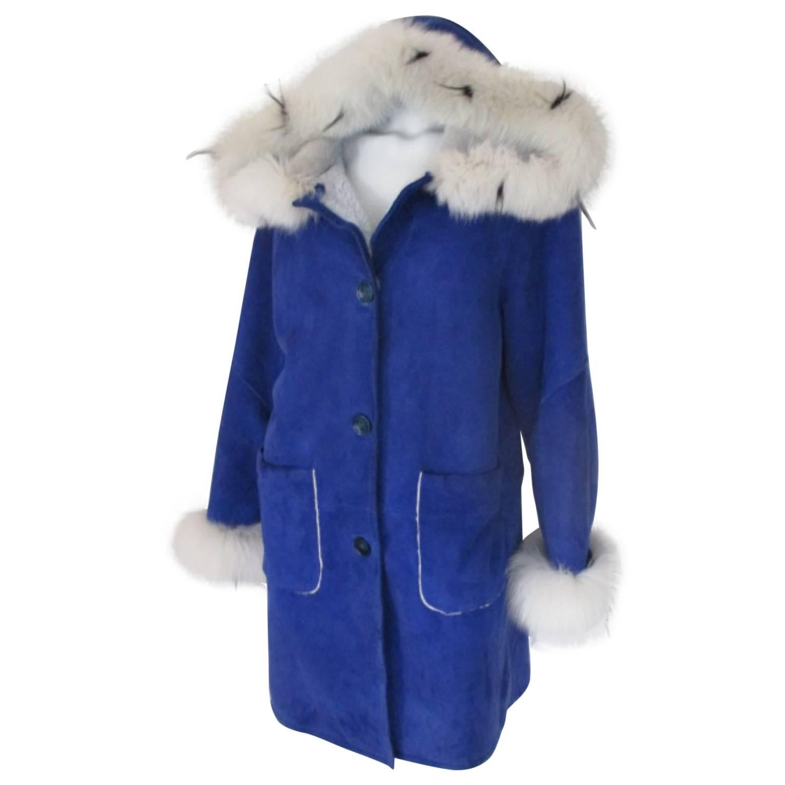 Hooded Cobalt Blue Soft Shearling Coat with Fox Fur