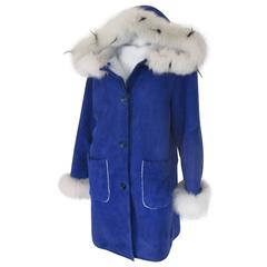 hooded cobalt blue soft shearling coat with fox fur 4
