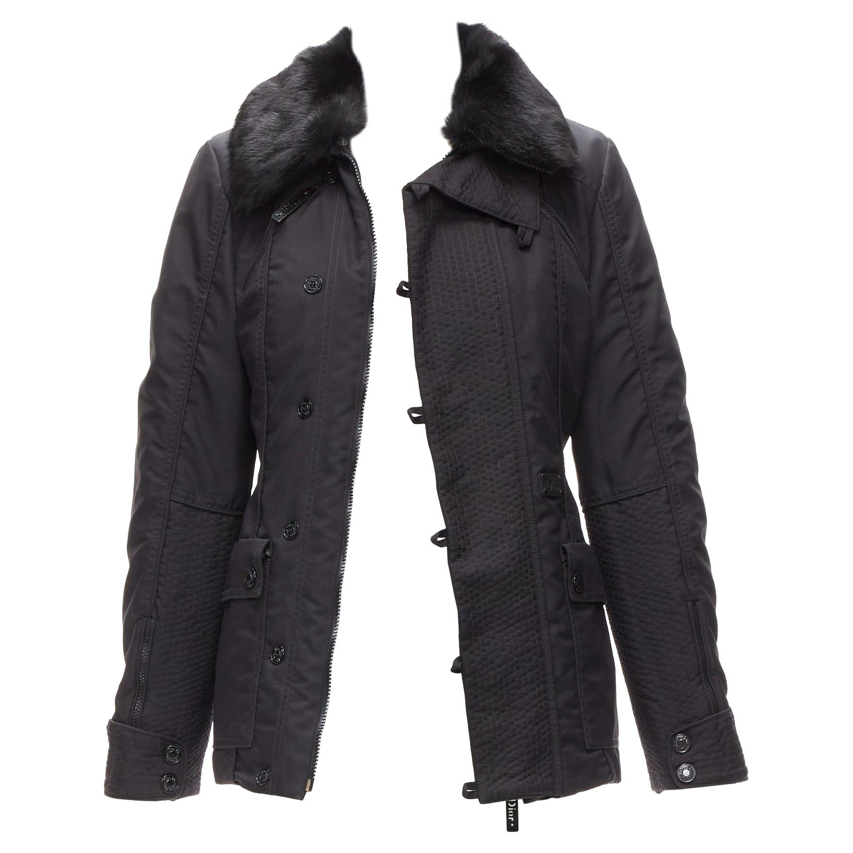 CHRISTIAN DIOR John Galliano Vintage black fur collar padded jacket FR36 S For Sale