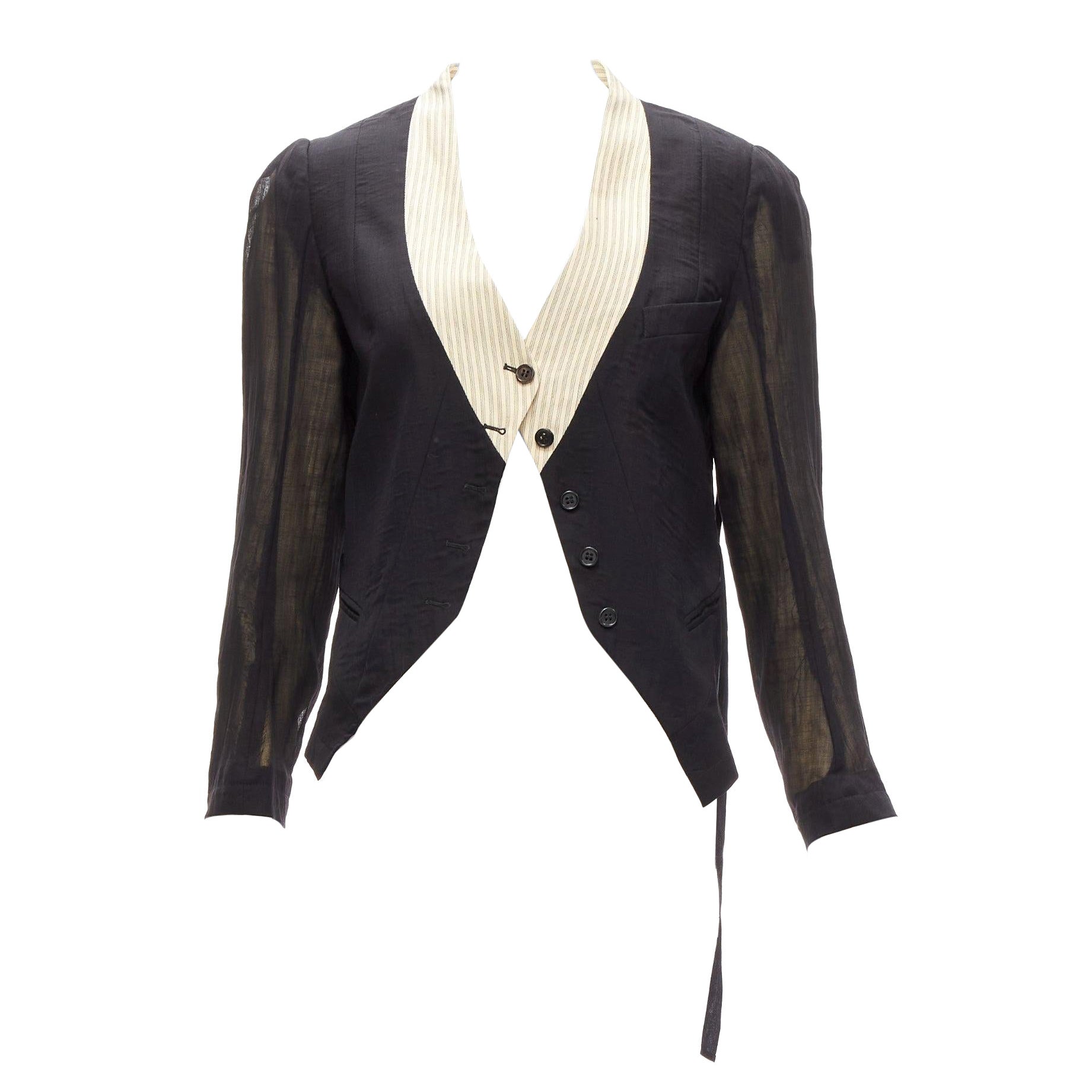 ANN DEMEULEMEESTER black overlay sheer cream topstitched jacket FR36 S For Sale