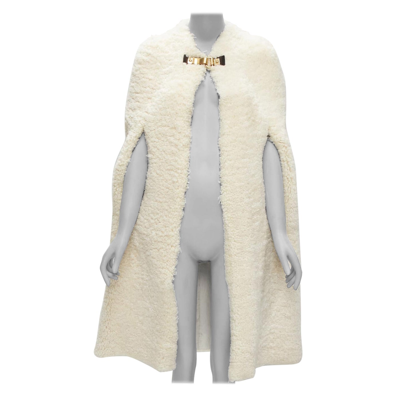 rare OLD CELINE Phoebe Philo 2010 Runway gold buckle cream shearling cape FR36 For Sale