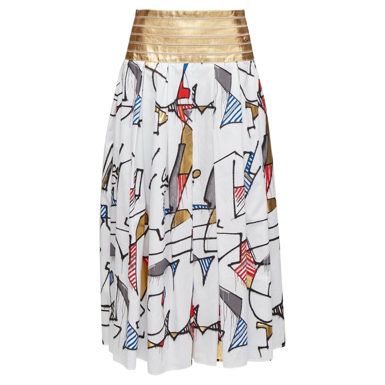 CHANEL 2019 Runway lambskin waistband multicolour abstract print skirt FR38 M For Sale