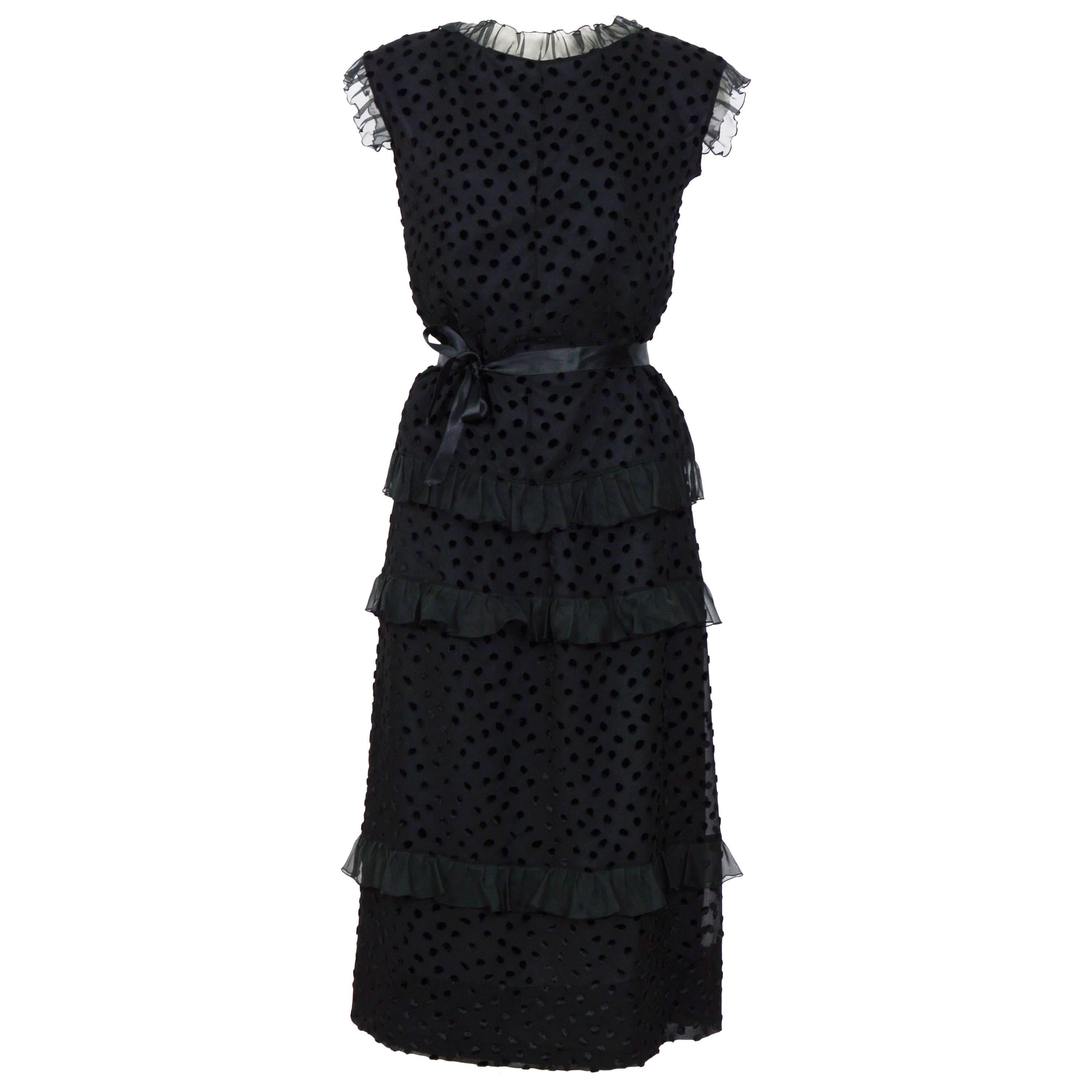 Vintage 1970s Courreges black silk ruffle and velvet dots set For Sale