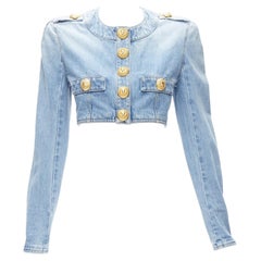 BALMAIN 2022 blue washed denim gold buttons cropped power jacket FR34 XS