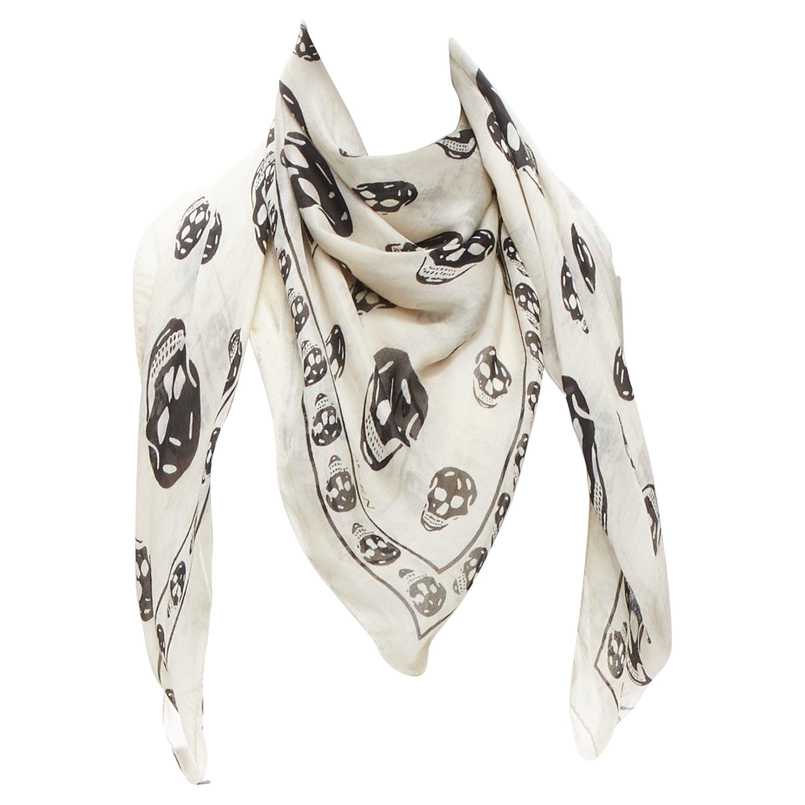 ALEXANDER MCQUEEN cream black skull print logo 100% silk scarf