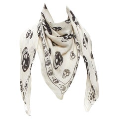 ALEXANDER MCQUEEN cream black skull print logo 100% silk scarf
