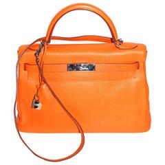 Hermes Kelly Retourne 32 Orange Togo Leather Palladium Hardware Like New