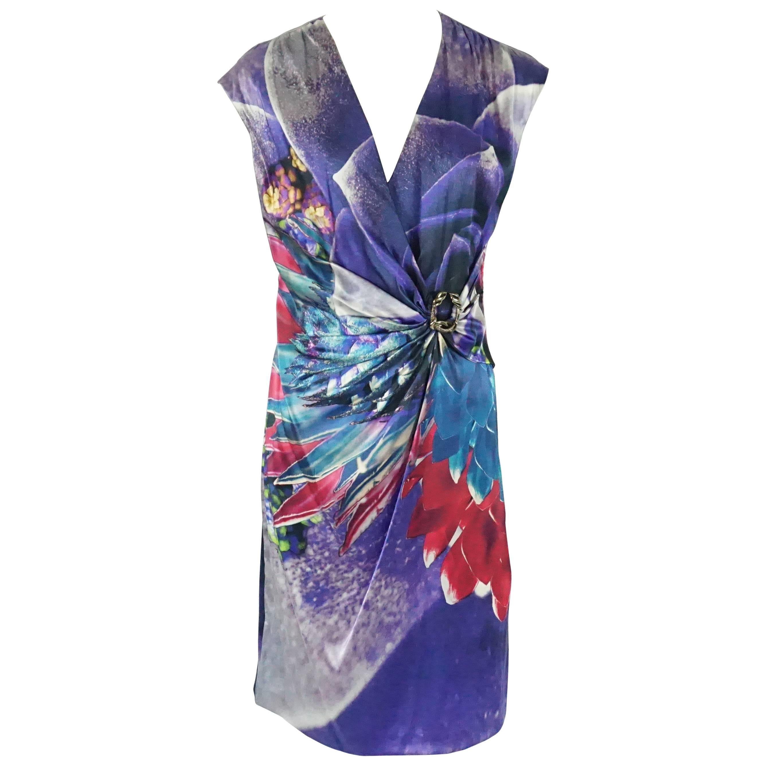 Roberto Cavalli Purple Printed Silk Ruched Dress - 44