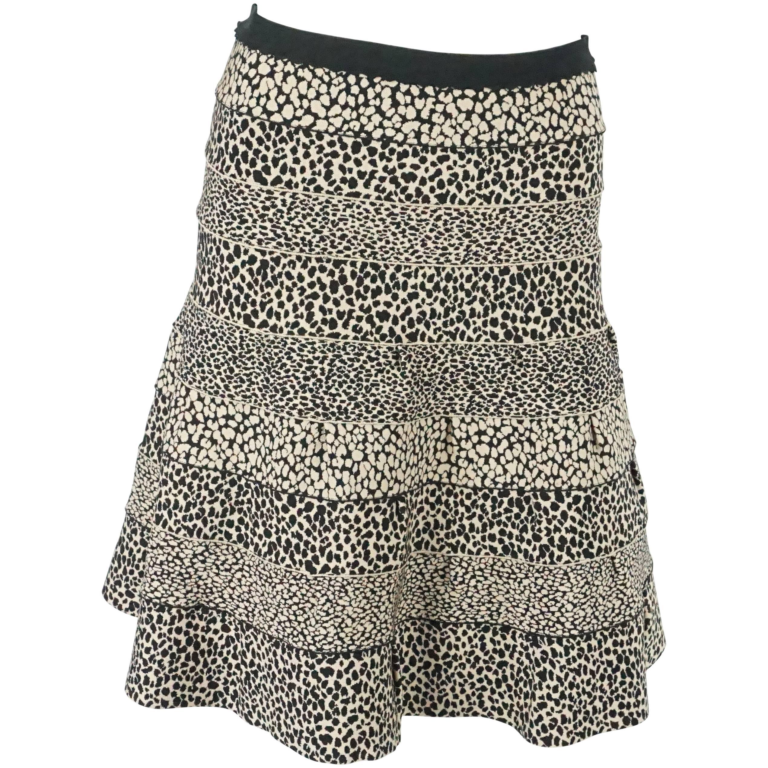 Herve Leger Black and Tan A-Line Bandage Animal Print Knit Skirt - M