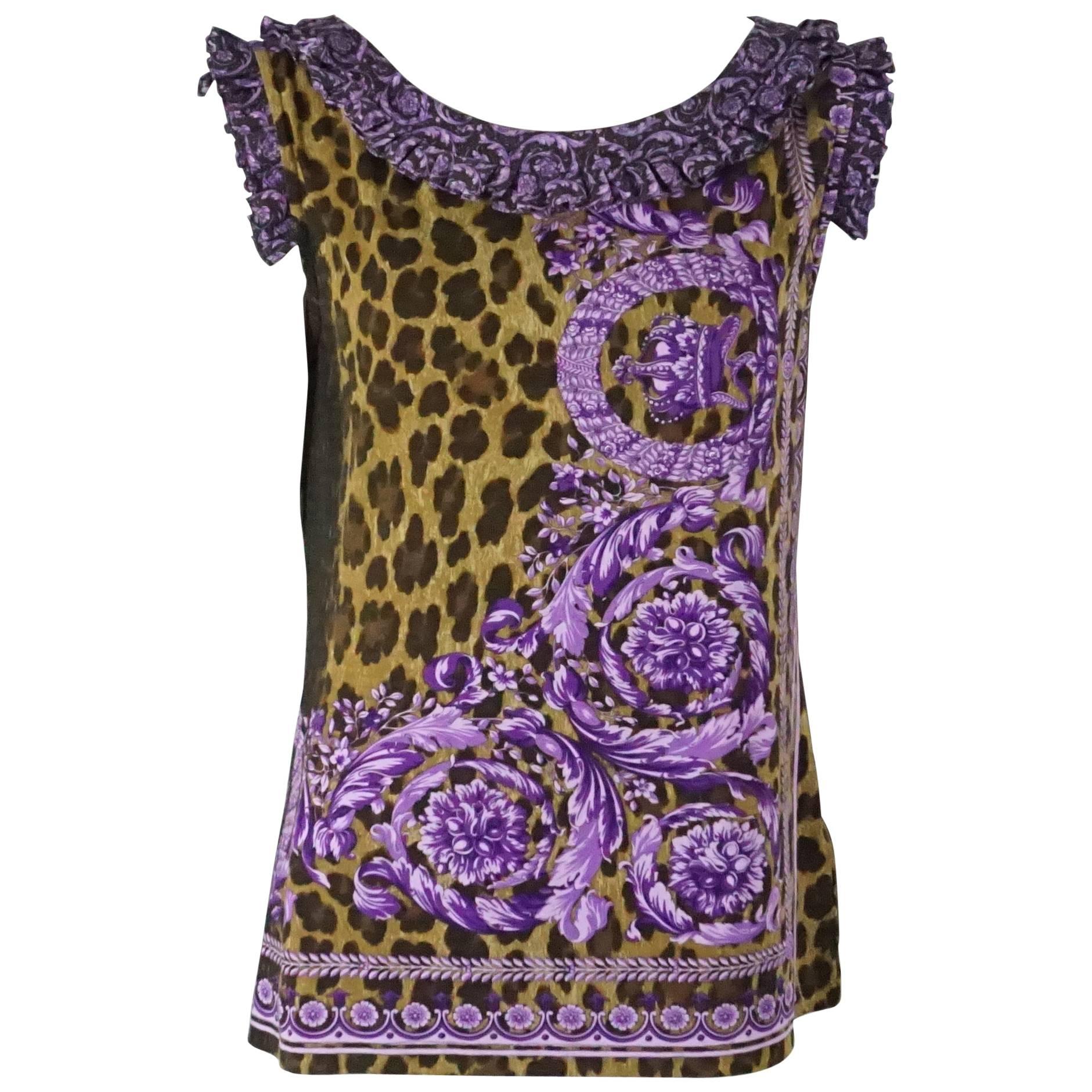 Versace Animal Print and Purple Cotton Top with Ruffles - XL