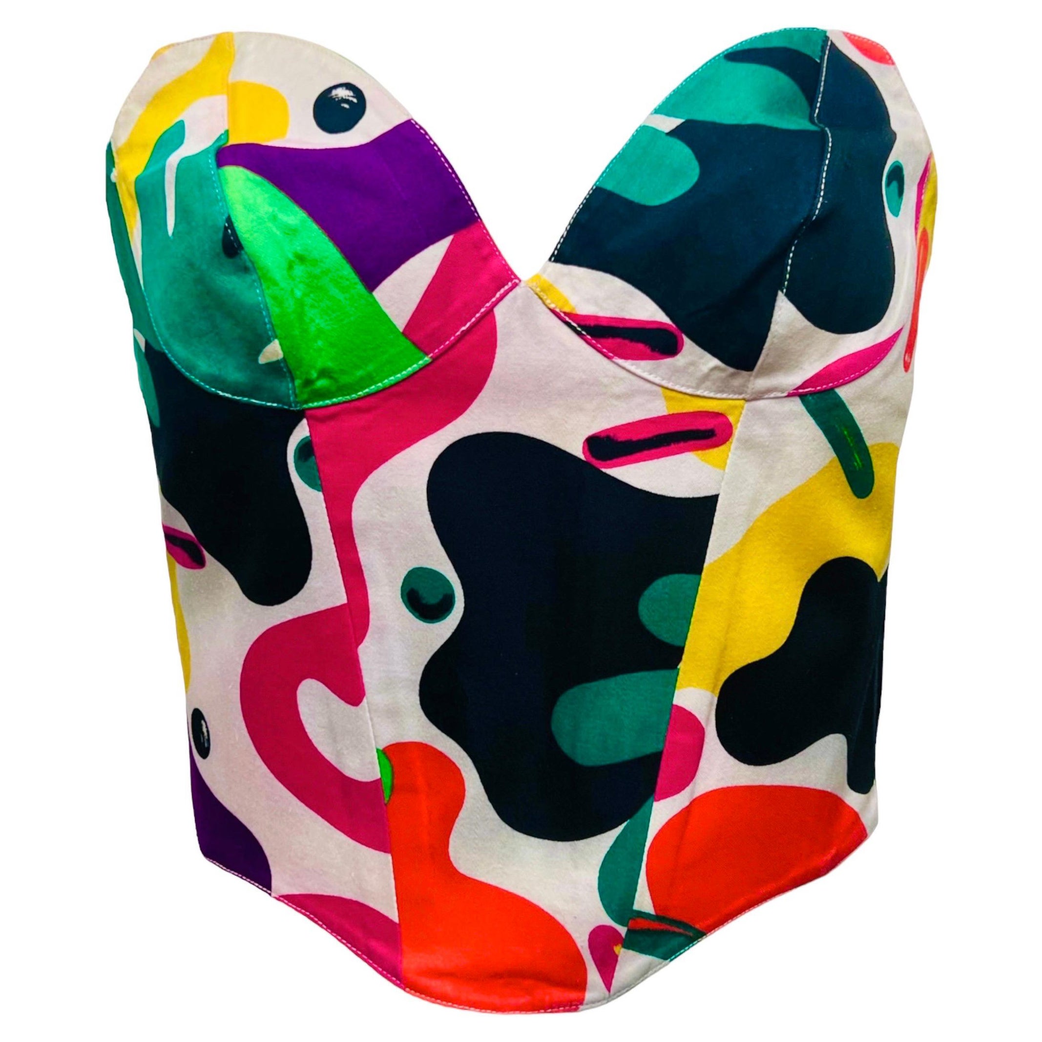 1990's Thierry Mugler Abstract Printed Multicolor Corset Bustier Top