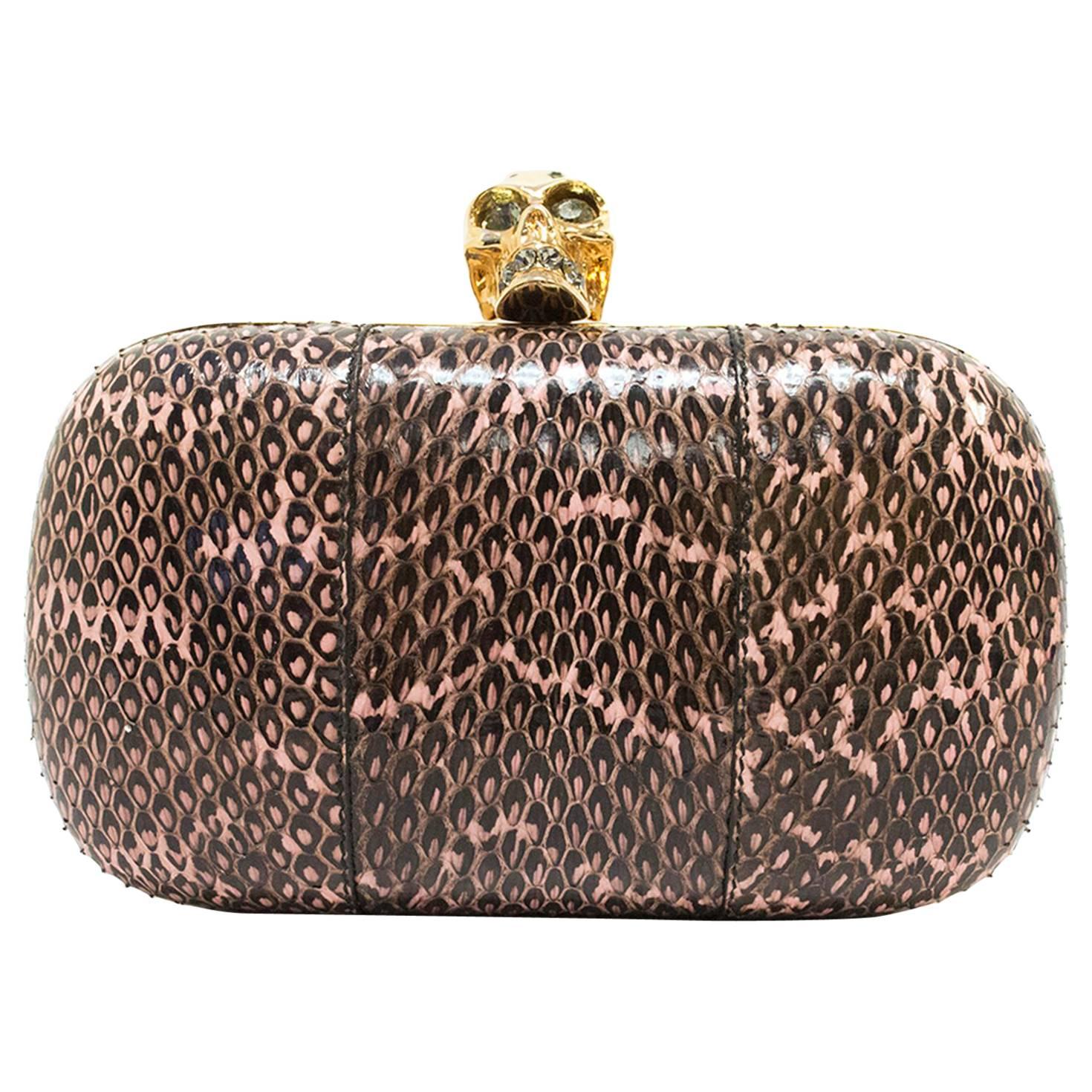 Alexander McQueen Pink And Black Python 'Skull' Box Clutch For Sale