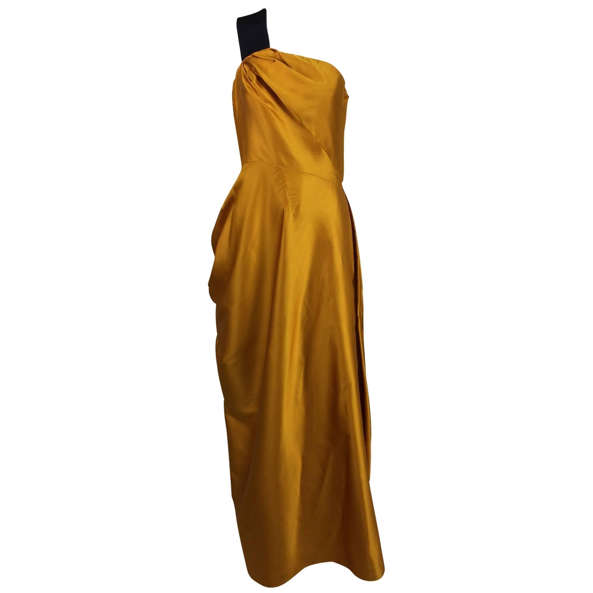 Dries Van Noten saffron silk one shoulder evening gown SS 2009
