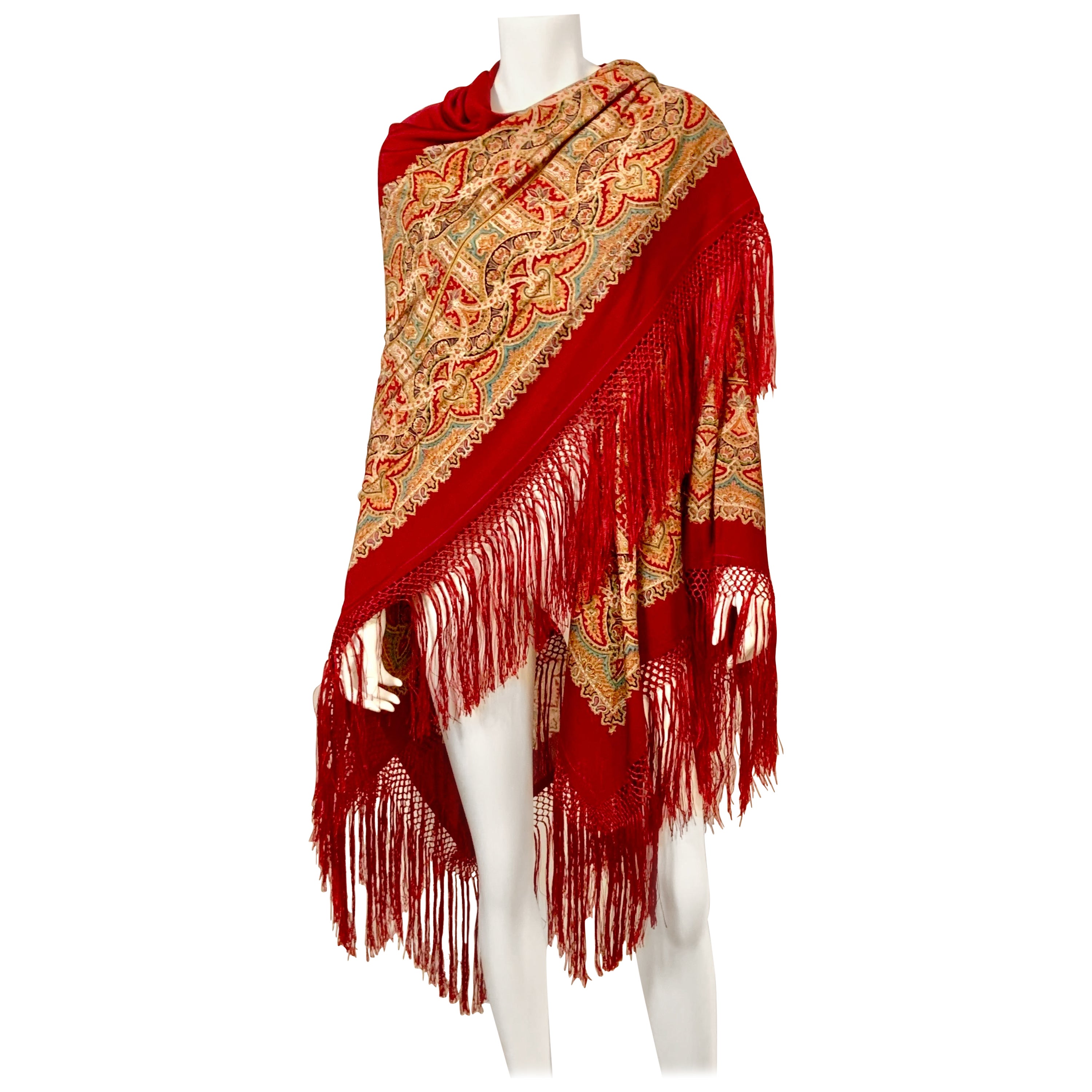 Paisley Printed Burgundy Red Shawl with Silk Fringe For Sale