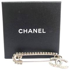 Chanel Silver Rhinestone CC Charm Safety Pin Brooch in Box