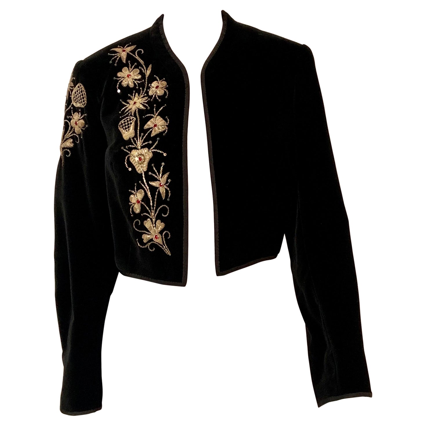 Spanish Made Black Velvet Bolero Jacket with Gold Bullion Embroidery For Sale