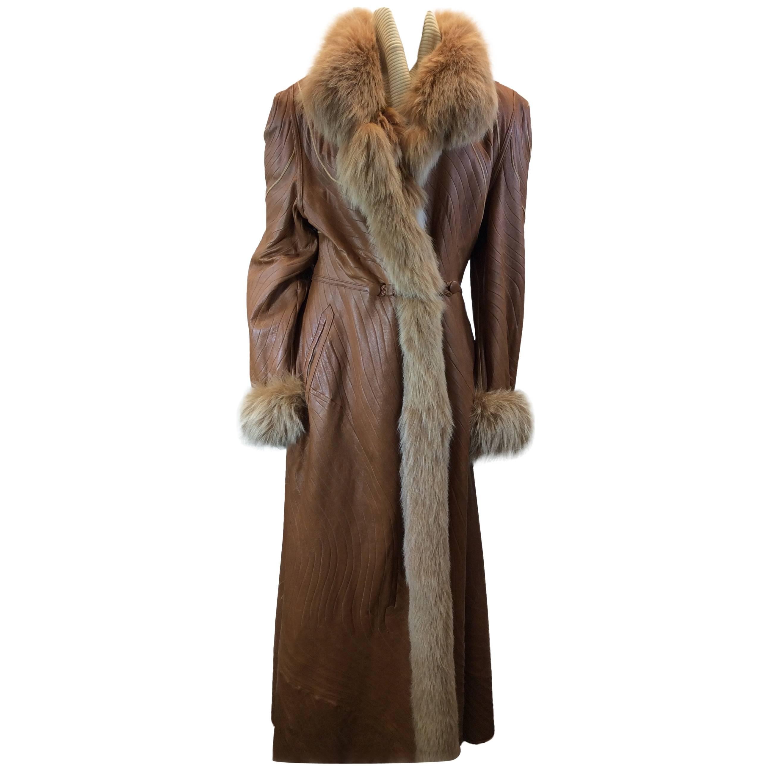 Custom Made Reversible Lamb Skin Leather and Fox Swirl Pattern Detail Coat For Sale