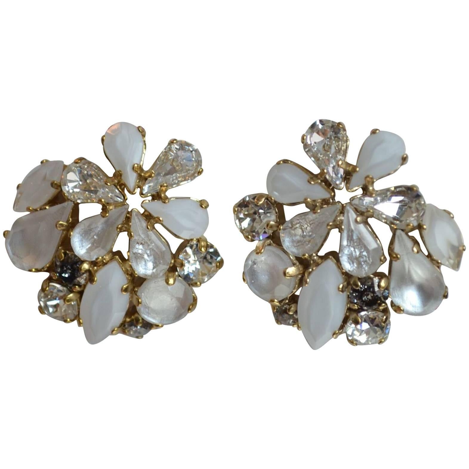 Philippe Ferrandis Glass & Swarovski Crystal Floral Motif Round Clip Earrings