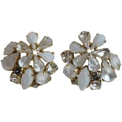 Philippe Ferrandis Glass & Swarovski Crystal Floral Motif Round Clip Earrings