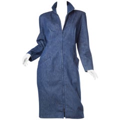 DONNA KARAN - Robe en jean bleu indigo avec fermeture éclair sur le devant, années 1980