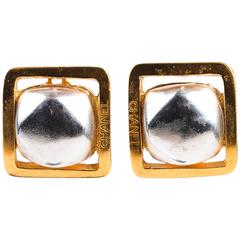 Chanel 1998 Fall Collection Gold & Silver Tone Square Clip On Earrings