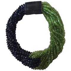 Patricia Von Musulin Peridot and Navy Blue Gold Stone Necklace With Wood Closure