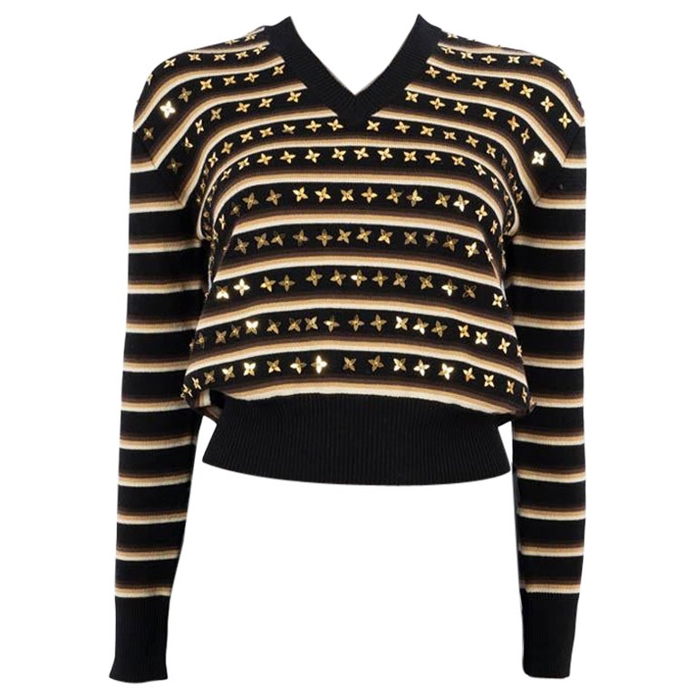LOUIS VUITTON black beige gold wool 2020 SEQUIN STAR STRIPED V-Neck Sweater S For Sale