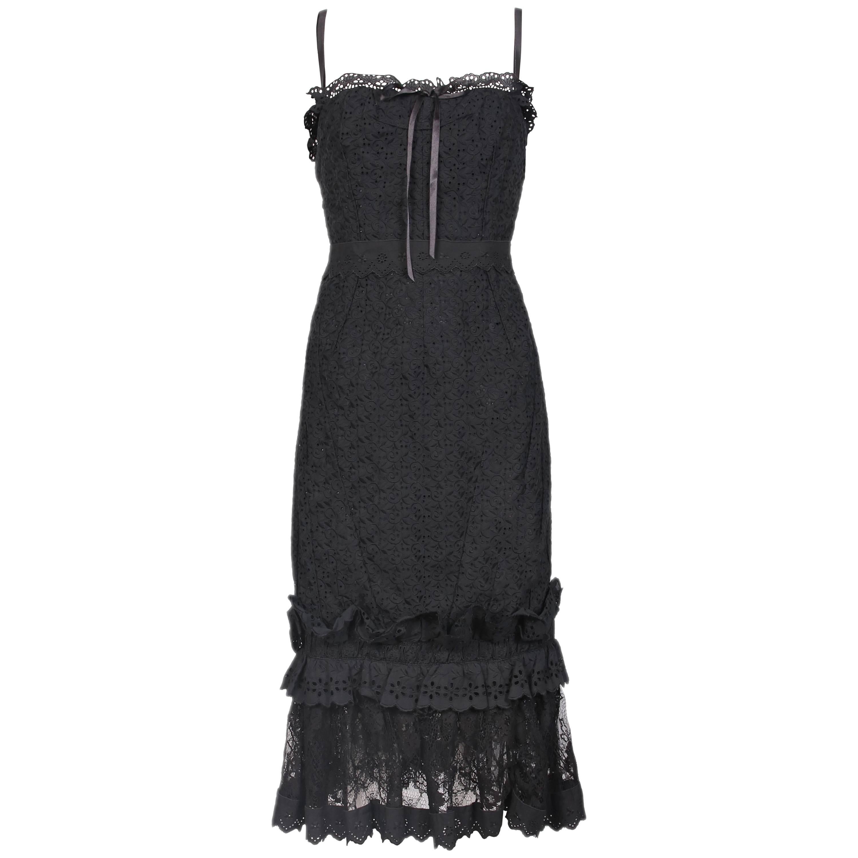 Dolce & Gabbana Black Eyelet Lace Bustier Dress W/Ruffle Hem For Sale