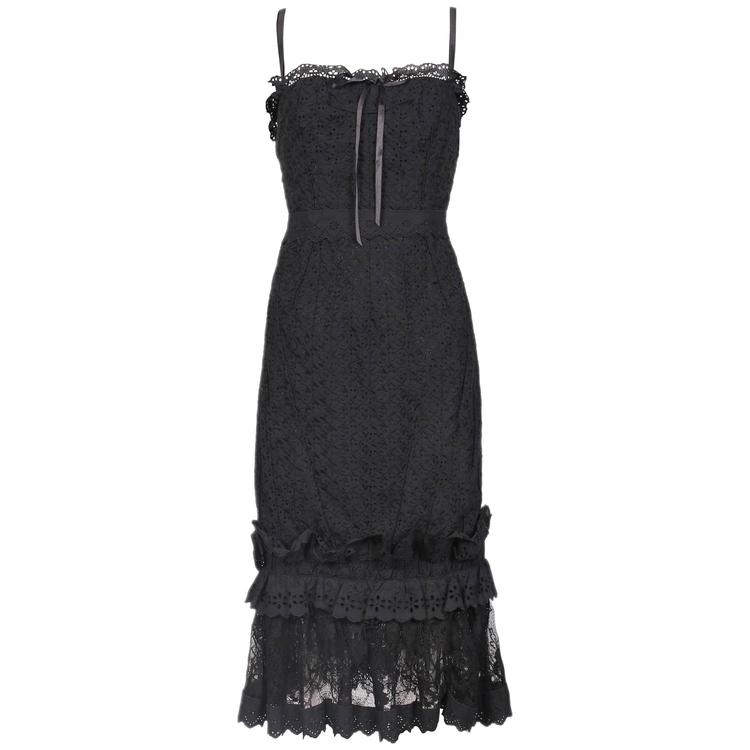 Dolce and Gabbana Black Eyelet Lace Bustier Dress W/Ruffle Hem For Sale at 1stdibs