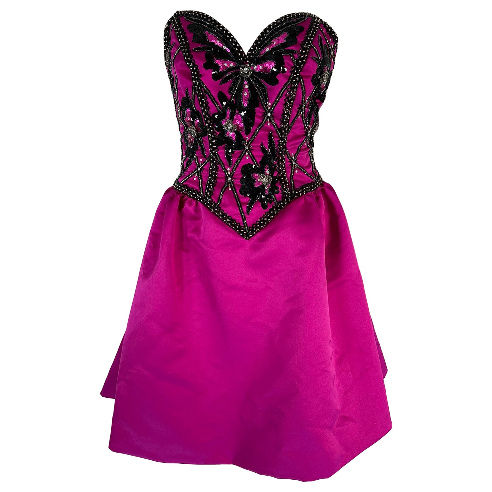 Bob Mackie Strapless Beaded Bodice Semi Full Skirt Evening Dress in Fuchsia 6  For Sale