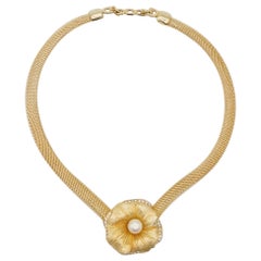 Christian Dior Vintage 1980er Jahre Blume Weiß Perlen Kristalle Anhänger Mesh Halskette