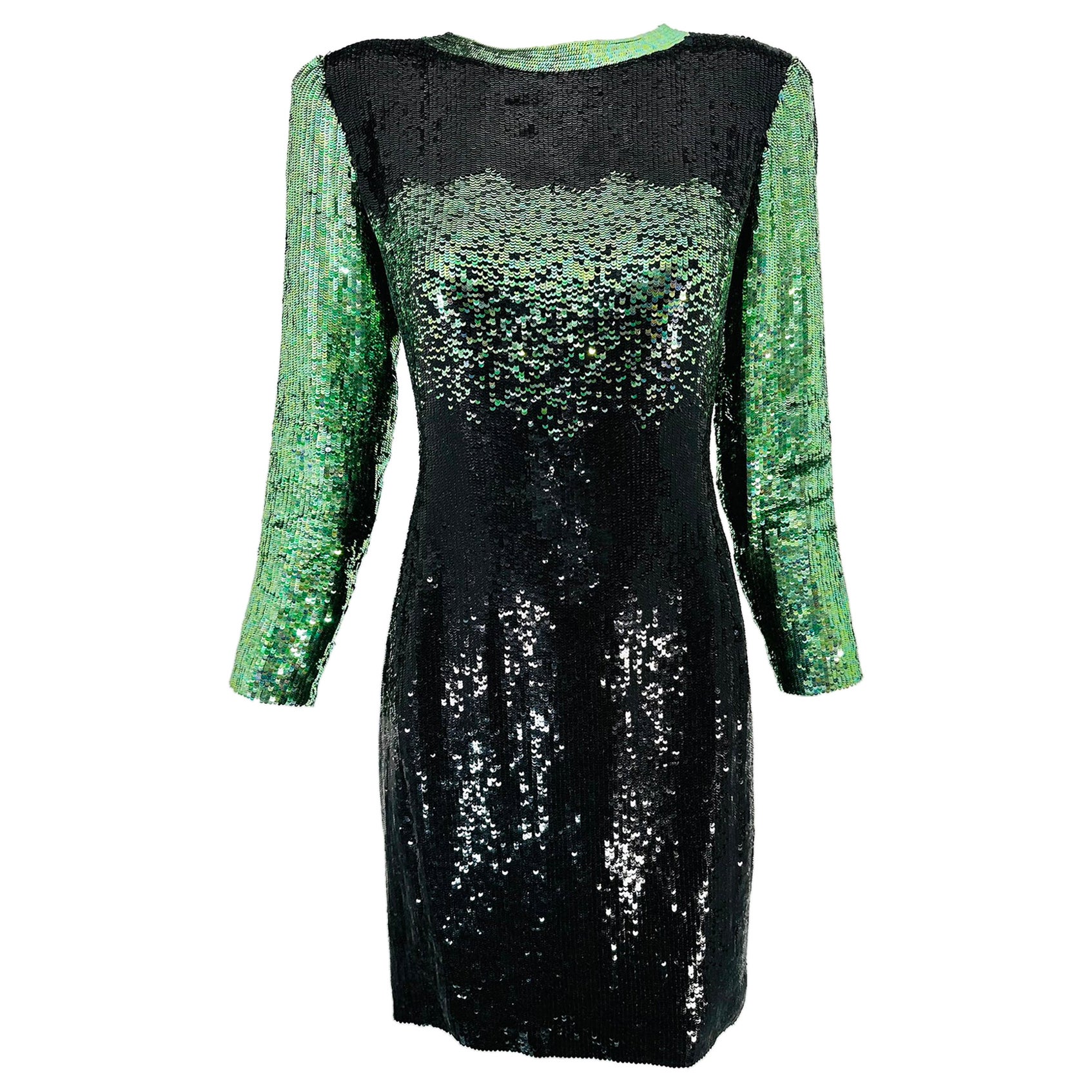 Neil Beiff Black & Green Totally Sequined Cocktail Dress  For Sale