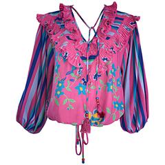 Diane Freis Vintage Pink Boho Flower and Stripes Beaded Tassel Blouse Shirt Top 4