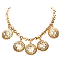 CHANEL Vintage gold CC medallion coin charm short chain necklace