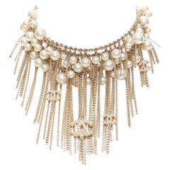 rare CHANEL 10P faux pearl CC logo charm chain fringe wrap necklace