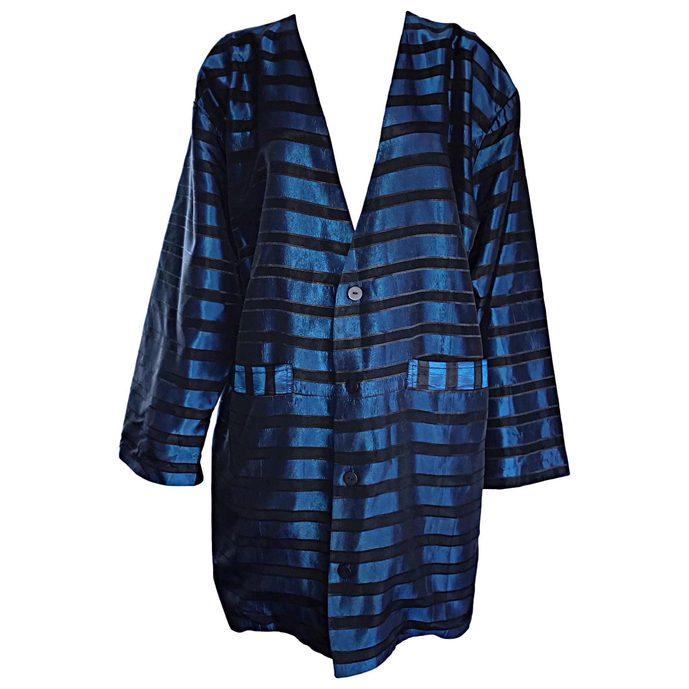 Rare Vintage Todd Oldham 1990s Blue and Black Striped Silk Cocoon Cocoon Jacket 